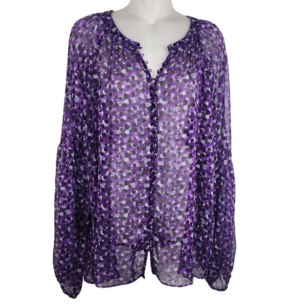 White House Black Market Long Sleeve Button Clip Blouse Speckled Dot Purple XL